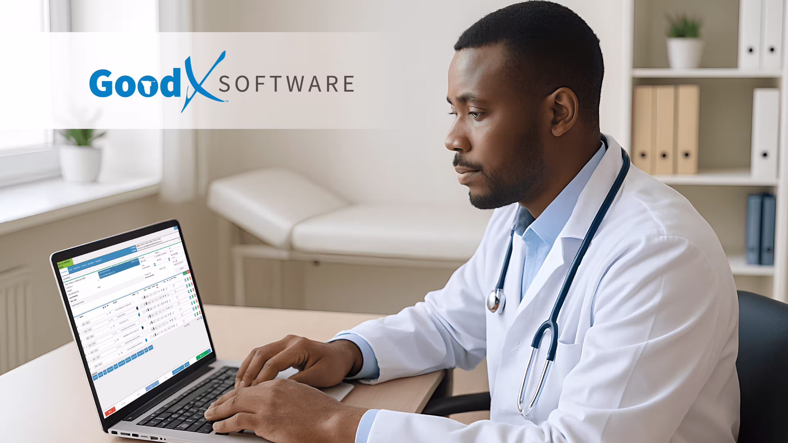 Namibian doctor using medical billing software in a clinic setting