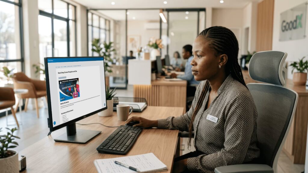 Practice administrator accessing the GoodX Learning Centre on a desktop computer in a Namibian medical office