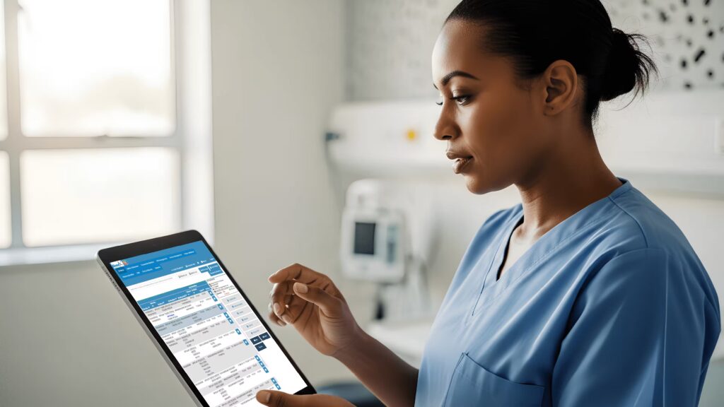 Healthcare professional reviewing patient data on tablet using EHR management software with digital medical records displayed on screen
