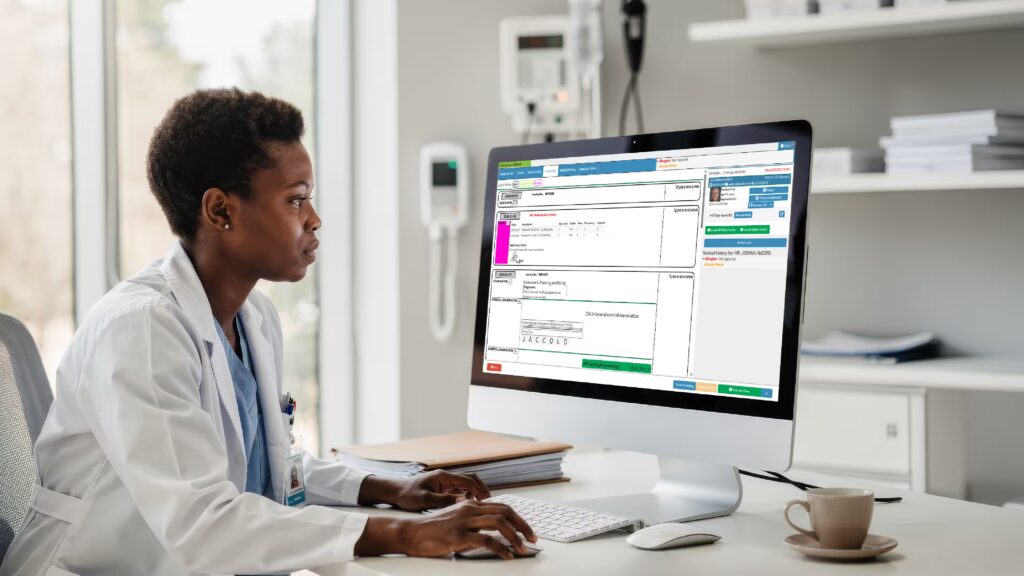Namibian medical professional reviewing healthcare software compliance requirements on a computer