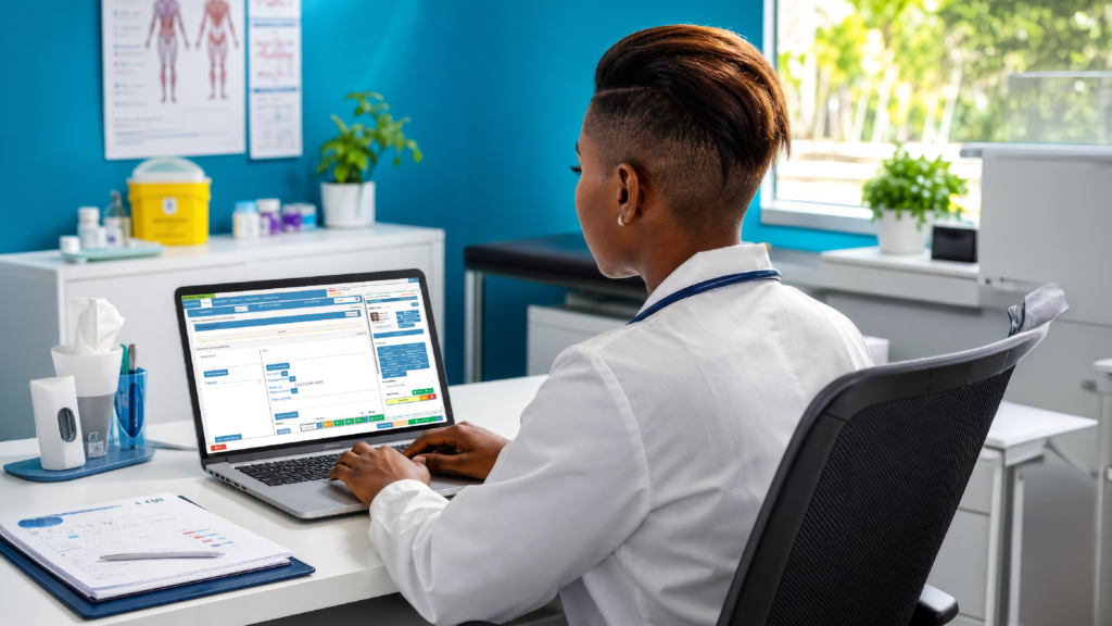 Namibian GP entering clinical notes into a medical software EMR system in a consulting room