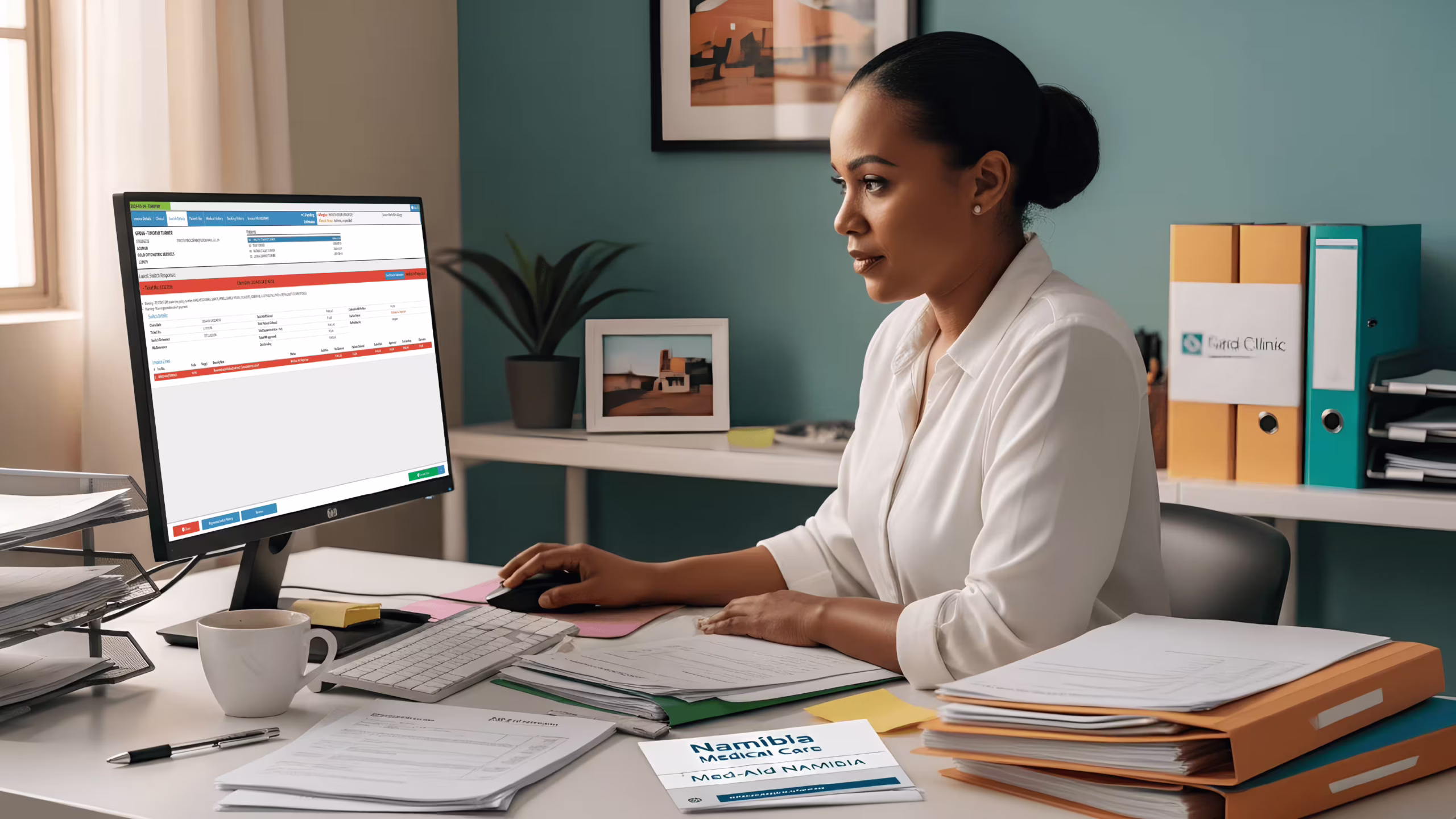 Namibian administrator using medical billing software to process medical aid claims in a Windhoek clinic