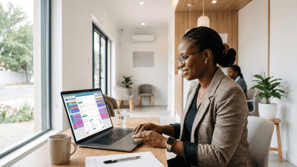 Practice owner managing a medical practice using dashboards at a Namibian clinic