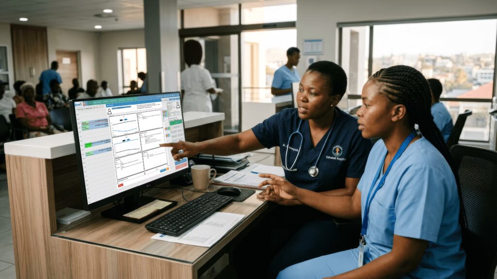 Clinician viewing an electronic health record system on screen at a Namibian medical practice