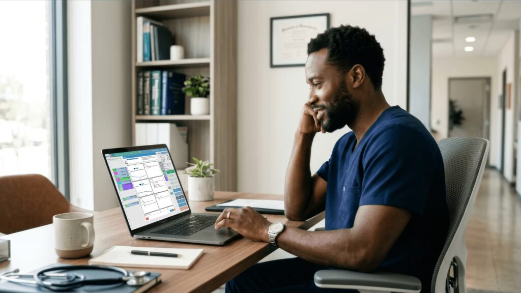Doctor using EMR software on a laptop in a Namibian medical clinic